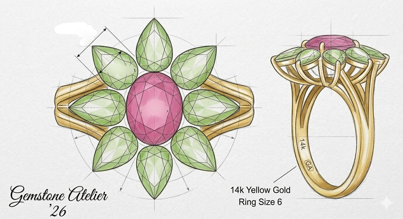 Goddess - 5.7 TCW Ruby and Peridot 14k Gold Ring