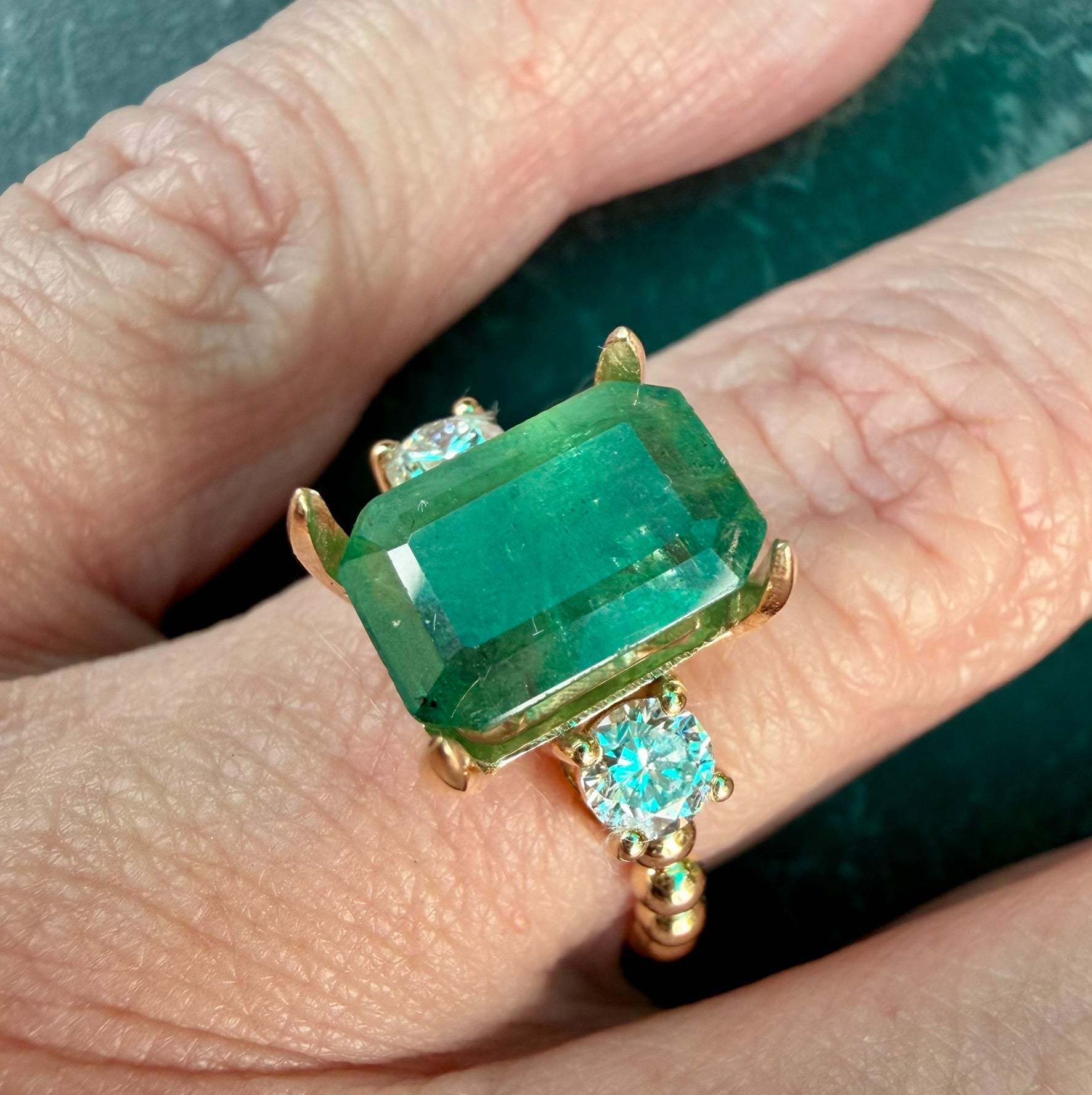 3.8 TCW Emerald & Diamond Three Stone 14k Ring