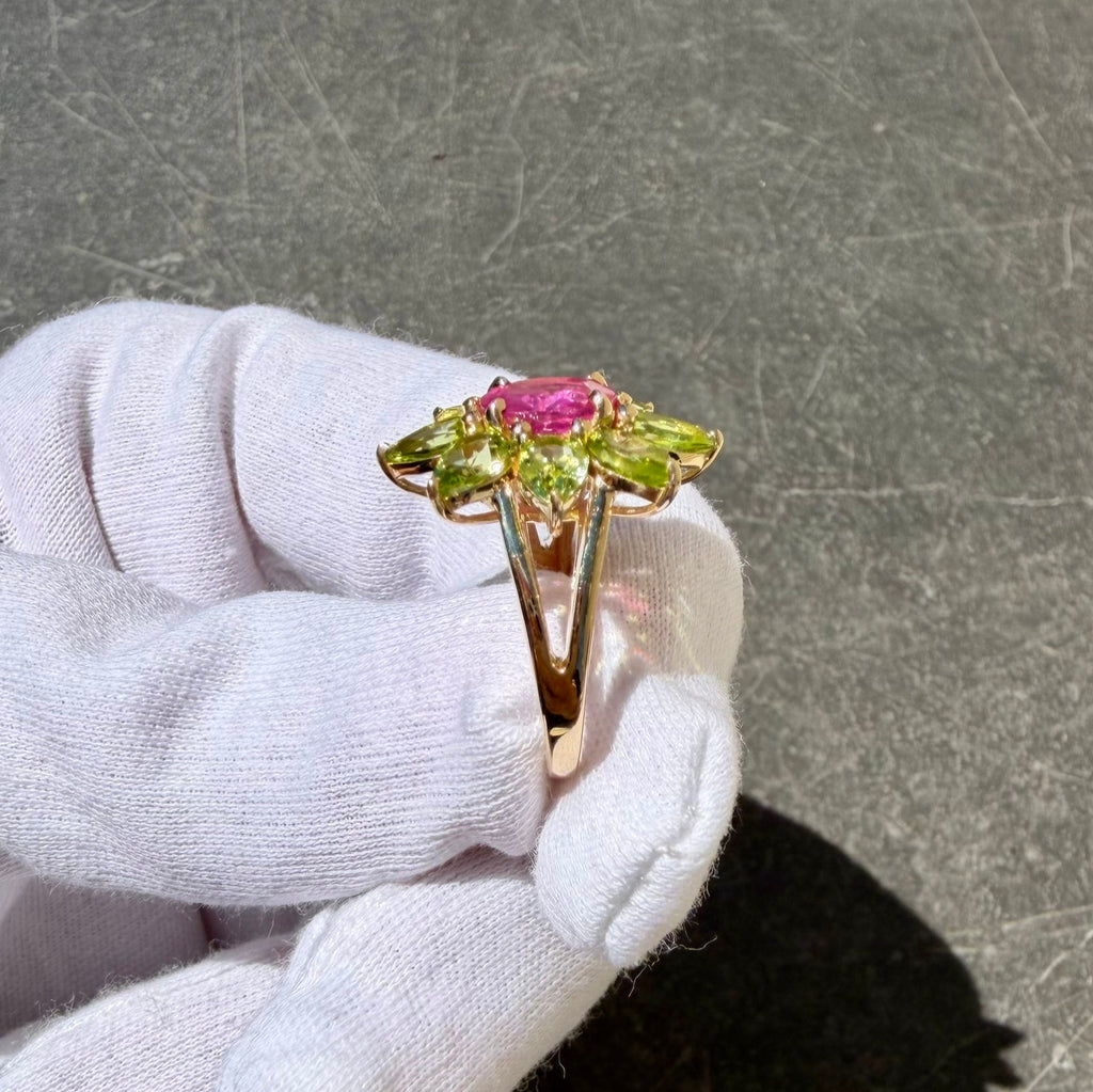 Goddess - 5.7 TCW Ruby and Peridot 14k Gold Ring