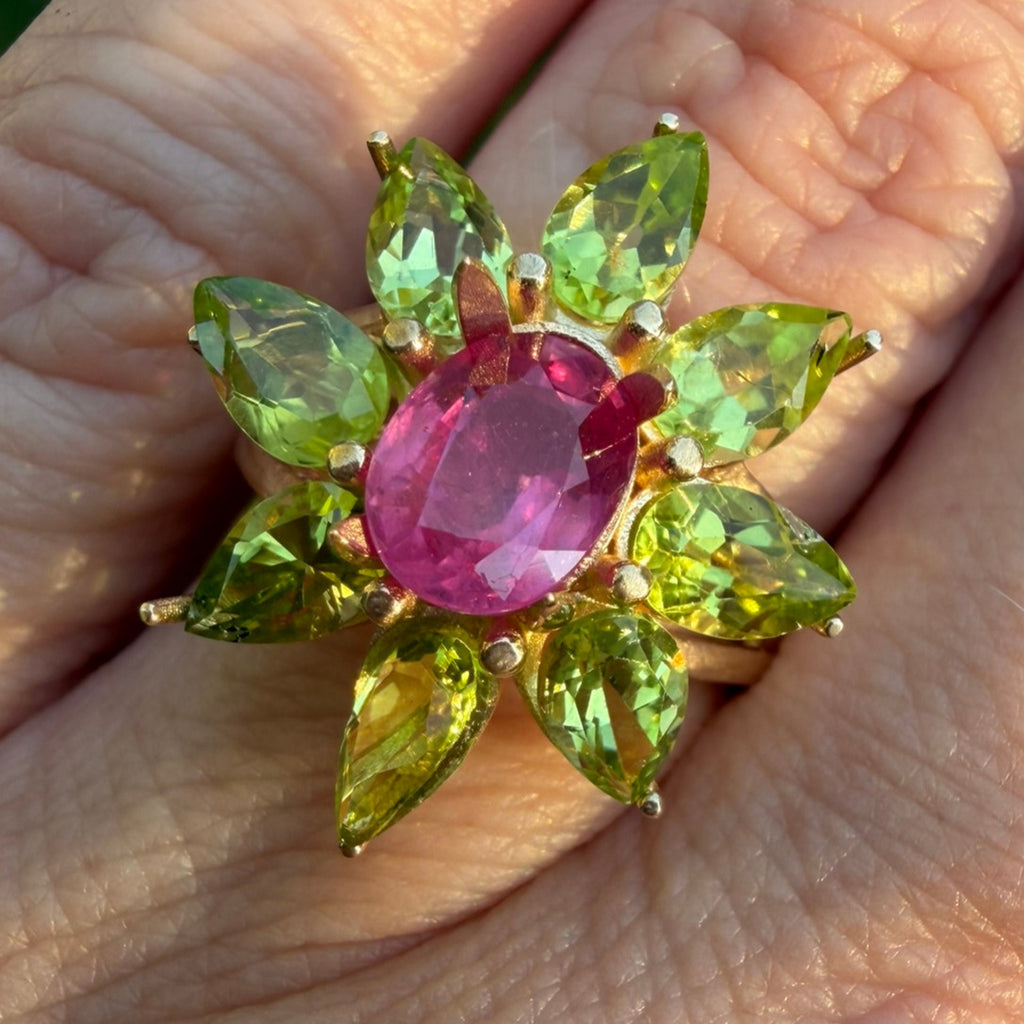 Goddess - 5.7 TCW Ruby and Peridot 14k Gold Ring