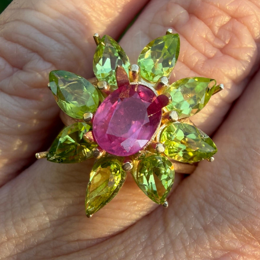 Goddess - 5.7 TCW Ruby and Peridot 14k Gold Ring