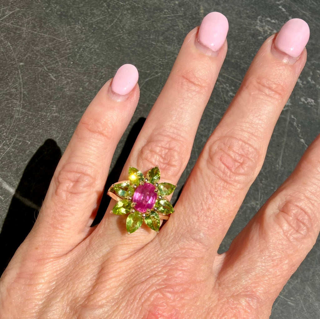 Goddess - 5.7 TCW Ruby and Peridot 14k Gold Ring