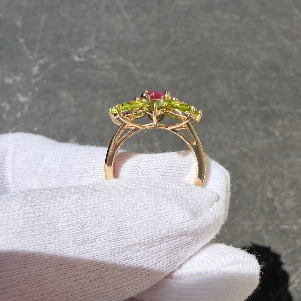 Goddess - 5.7 TCW Ruby and Peridot 14k Gold Ring
